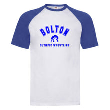 Load image into Gallery viewer, Bolton Olympic Wrestling Club Baseball T-Shirt (White/Royal Blue)